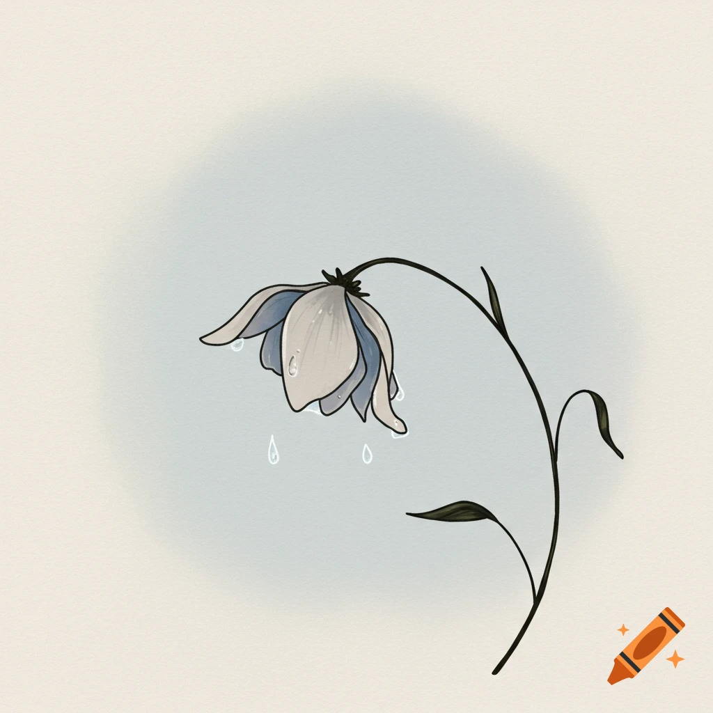 A simple drawing of a drooping flower with water droplets falling from its petals, against a light background.