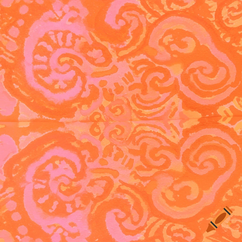 An abstract boho pattern featuring swirls and organic shapes in shades of orange and pink.