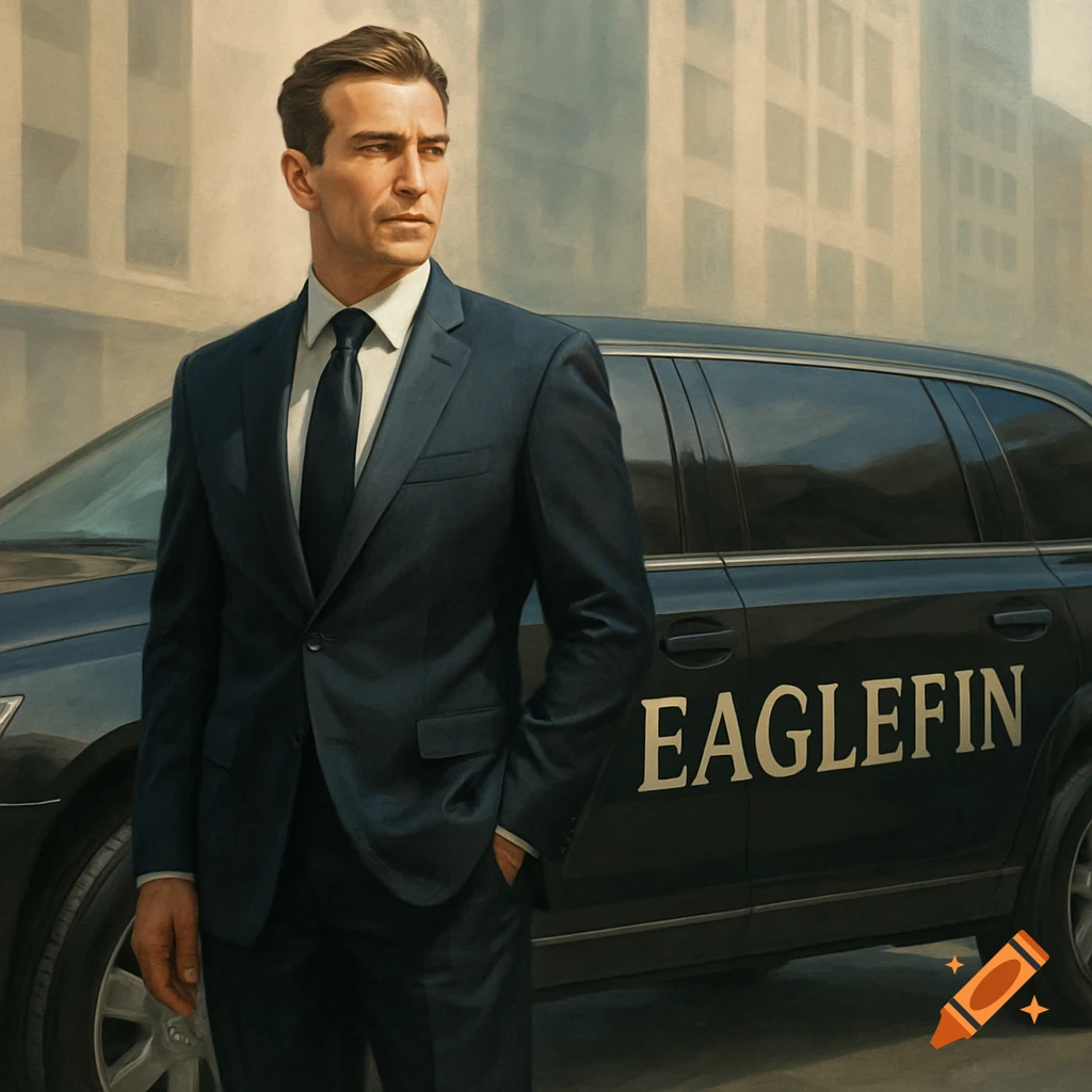 A photorealistic image of a man in a dark suit standing next to a black car with 'EAGLEFIN' written on its side in an urban setting.