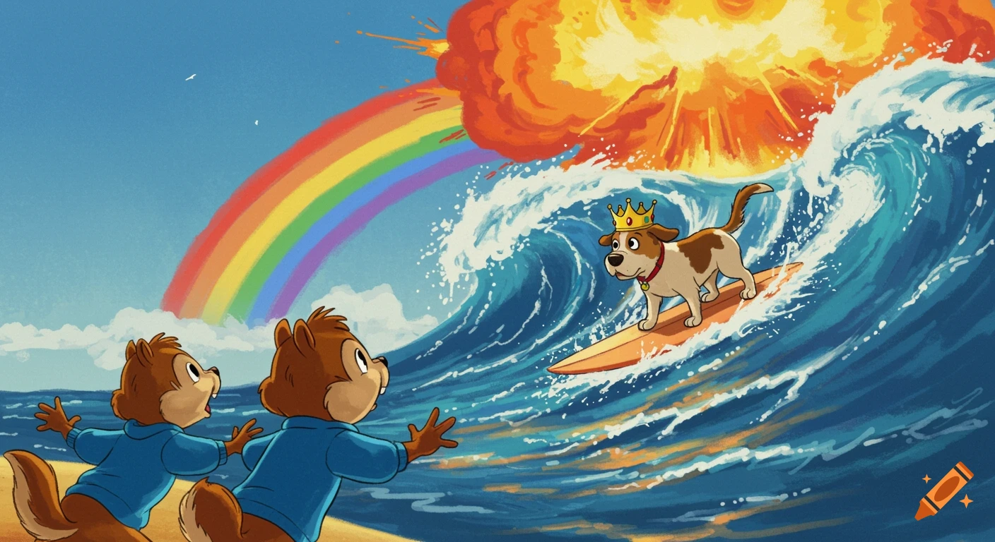 Cartoon chipmunks watch a crowned dog surf a large wave, with a rainbow leading to an explosion in the sky.