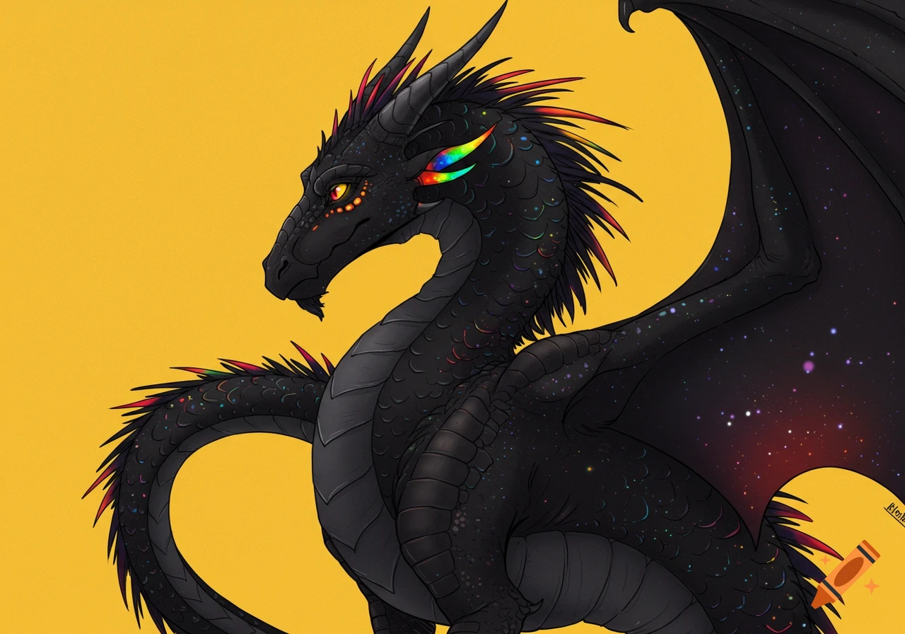 Black dragon with rainbow scales and eyes against a yellow background, illustrated.