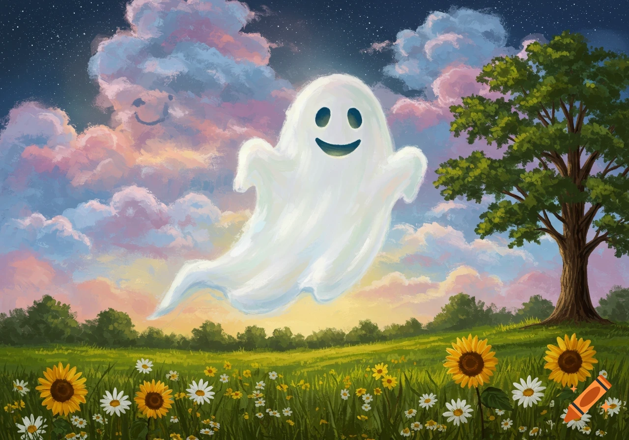 A friendly ghost floats above a vibrant field of flowers and trees, with colorful clouds in a painted style.