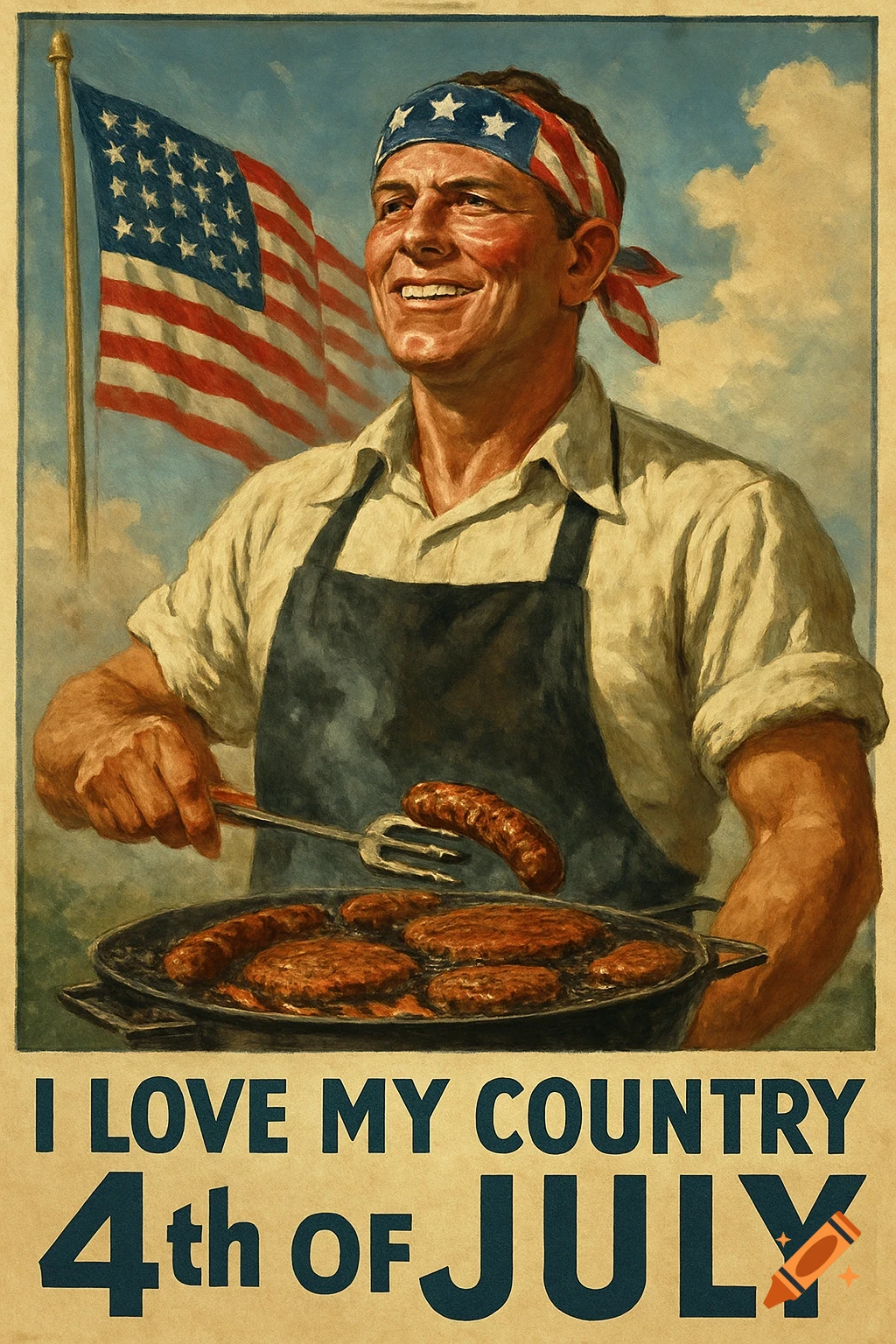 A patriotic man grilling burgers and sausages in front of an American flag, in the style of a propaganda poster.
