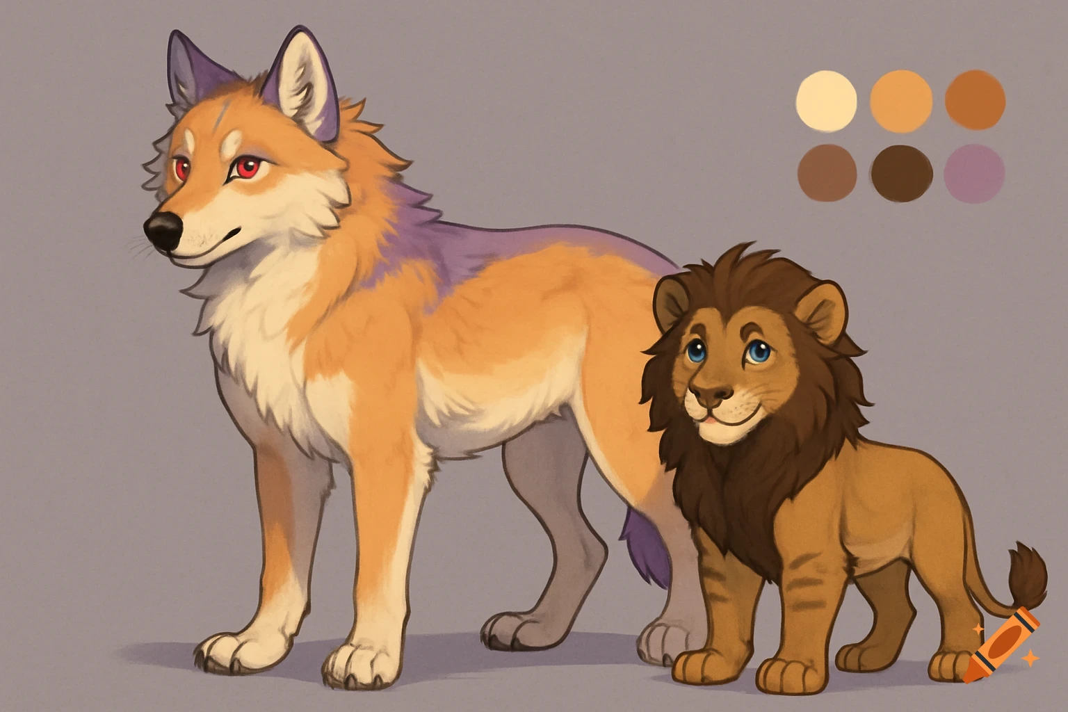 A large orange and white wolf with purple markings and red eyes stands next to a small brown lion with a dark mane and blue eyes. A color palette is in the corner.
