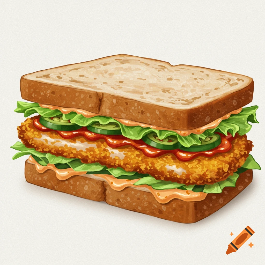 An illustrated sandwich with brown bread, crispy chicken, lettuce, jalapenos, and spicy sauce.