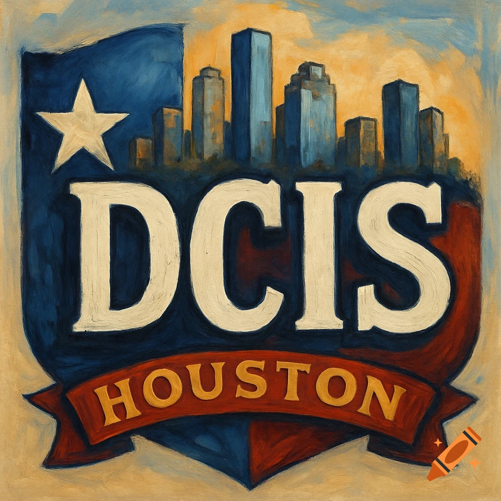 A painted logo in blue and red, featuring a white star, a city skyline, and the text 'DCIS' and 'HOUSTON'.