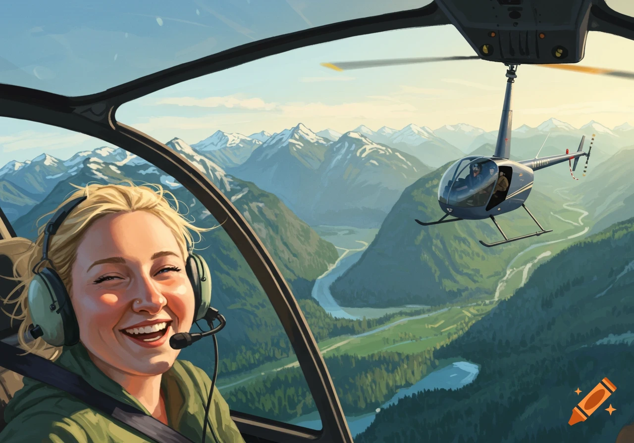 Smiling blond woman in a helicopter, wearing a headset, with another helicopter flying over a mountain range and river.