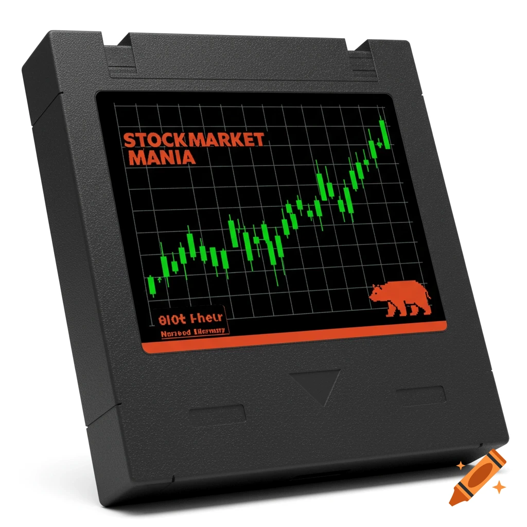 A black NES-style game cartridge with a screen showing a green stock market chart with candlesticks and a red pixel art bear. Text reads 'STOCK MARKET MANIA'.