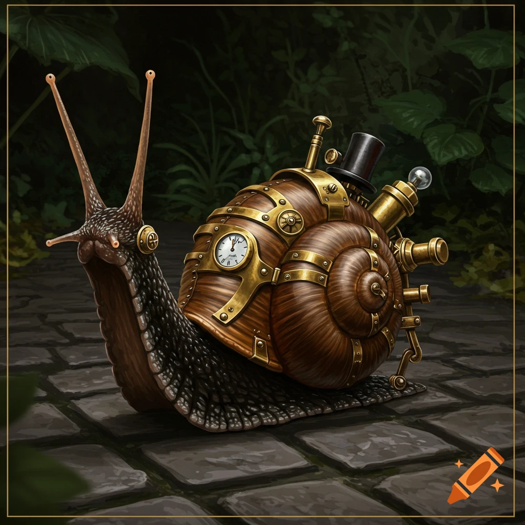 A detailed steampunk snail with a brass and wood shell, clock face, and tiny top hat, crawling on a stone path.