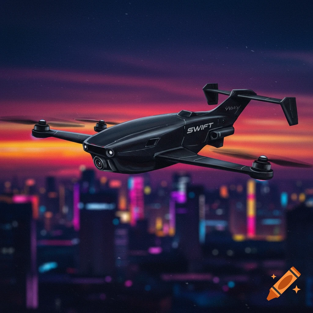 A sleek black drone flies over a vibrant, neon-lit cityscape at dusk, with propellers blurred by motion.