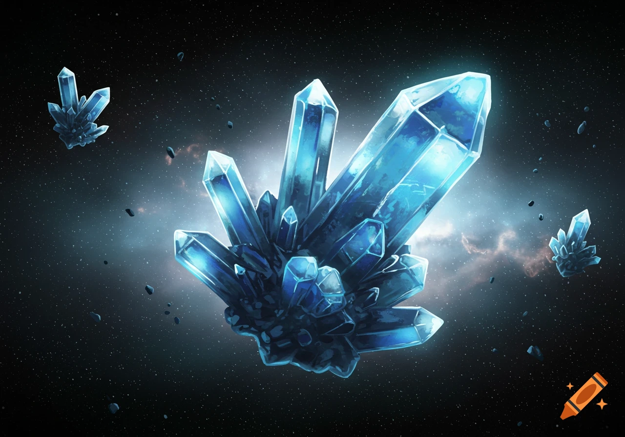 A cluster of glowing light blue crystals floats in the vast darkness of space, surrounded by small asteroids and distant nebulae.