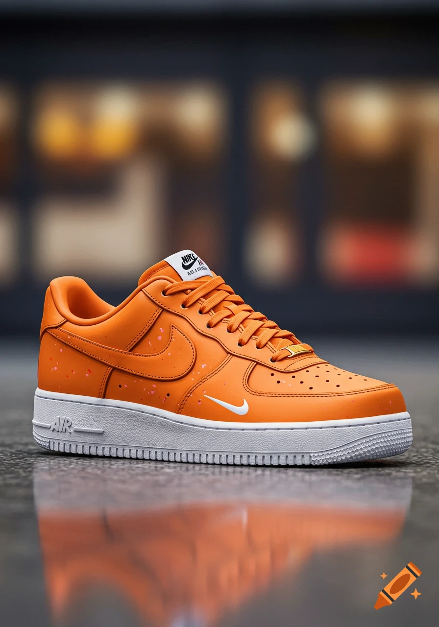 An orange Nike Air Force 1 sneaker with a white sole and subtle paint splatters, presented in a photorealistic style with a blurred background.