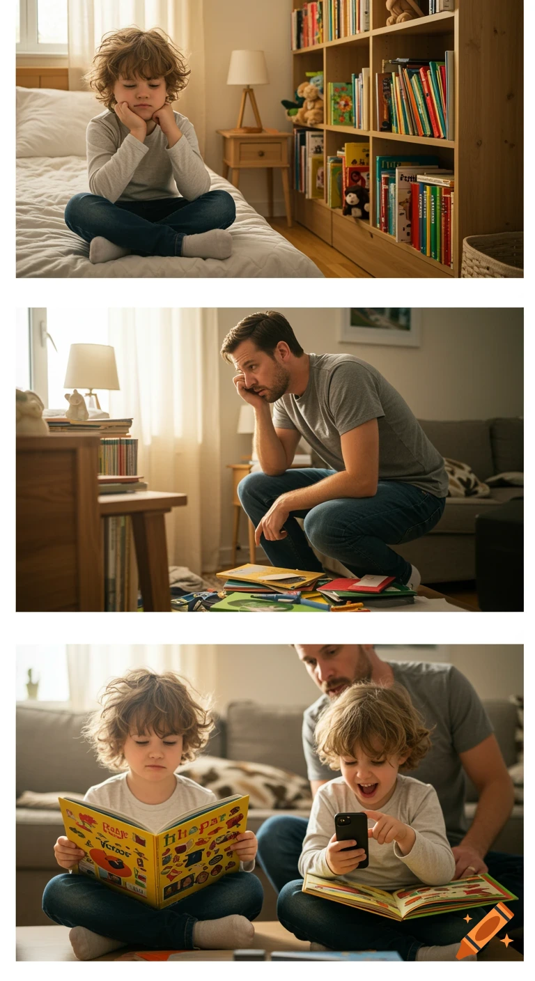 Three images show a child looking bored on a bed, a father searching books, and two children reading with a phone, in a cozy home.
