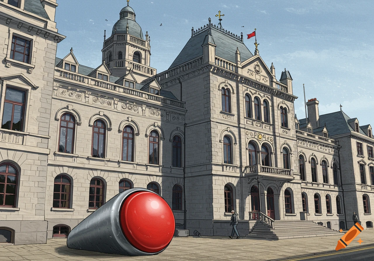 An illustration of a large red button on the pavement in front of the grand States Assembly building in Jersey.