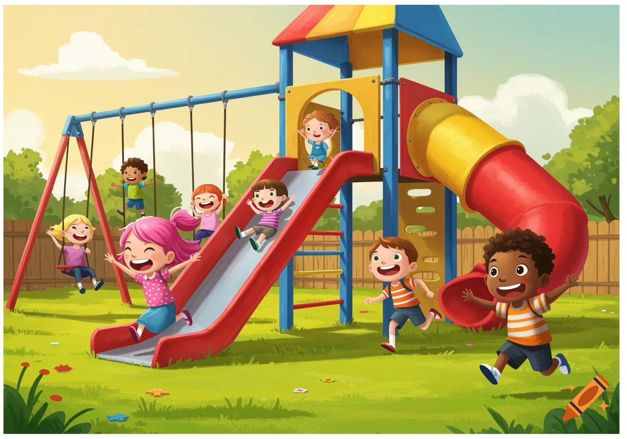 Happy children play on a colorful playground with slides and swings in a cartoon illustration.