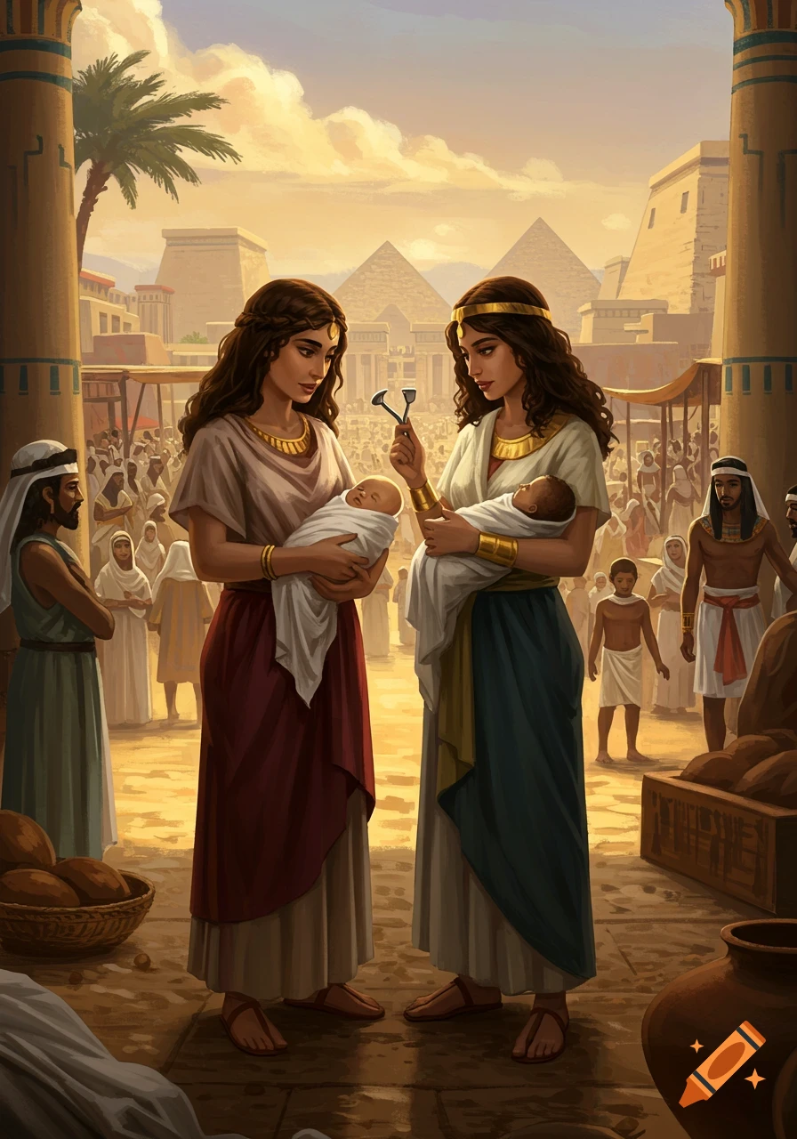 Two women in ancient Egyptian attire holding babies in a market, with pyramids and a city in the background.