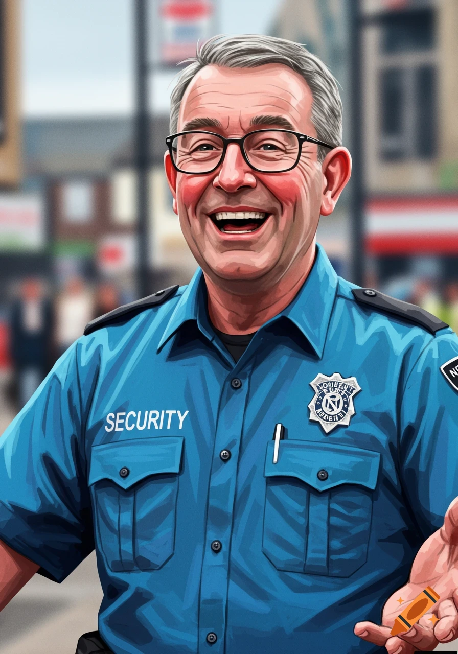 Stylized illustration of a smiling man with grey hair and glasses in a blue security uniform.