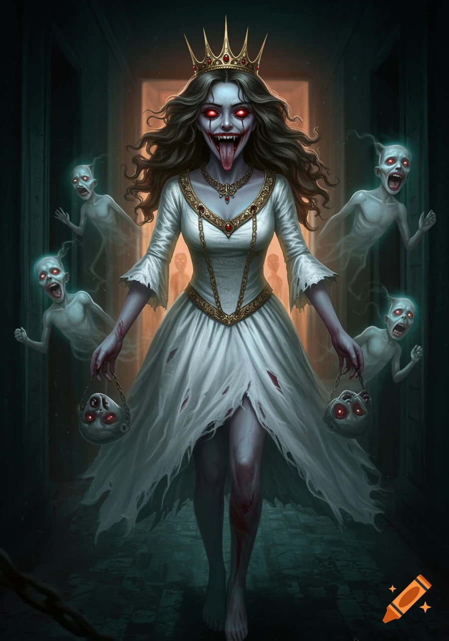 A hyper-realistic horror illustration of a ghostly queen with a crown, red eyes, and a long tongue, wearing a torn white dress and holding two small, skull-like heads, surrounded by screaming ghosts in a dark corridor.