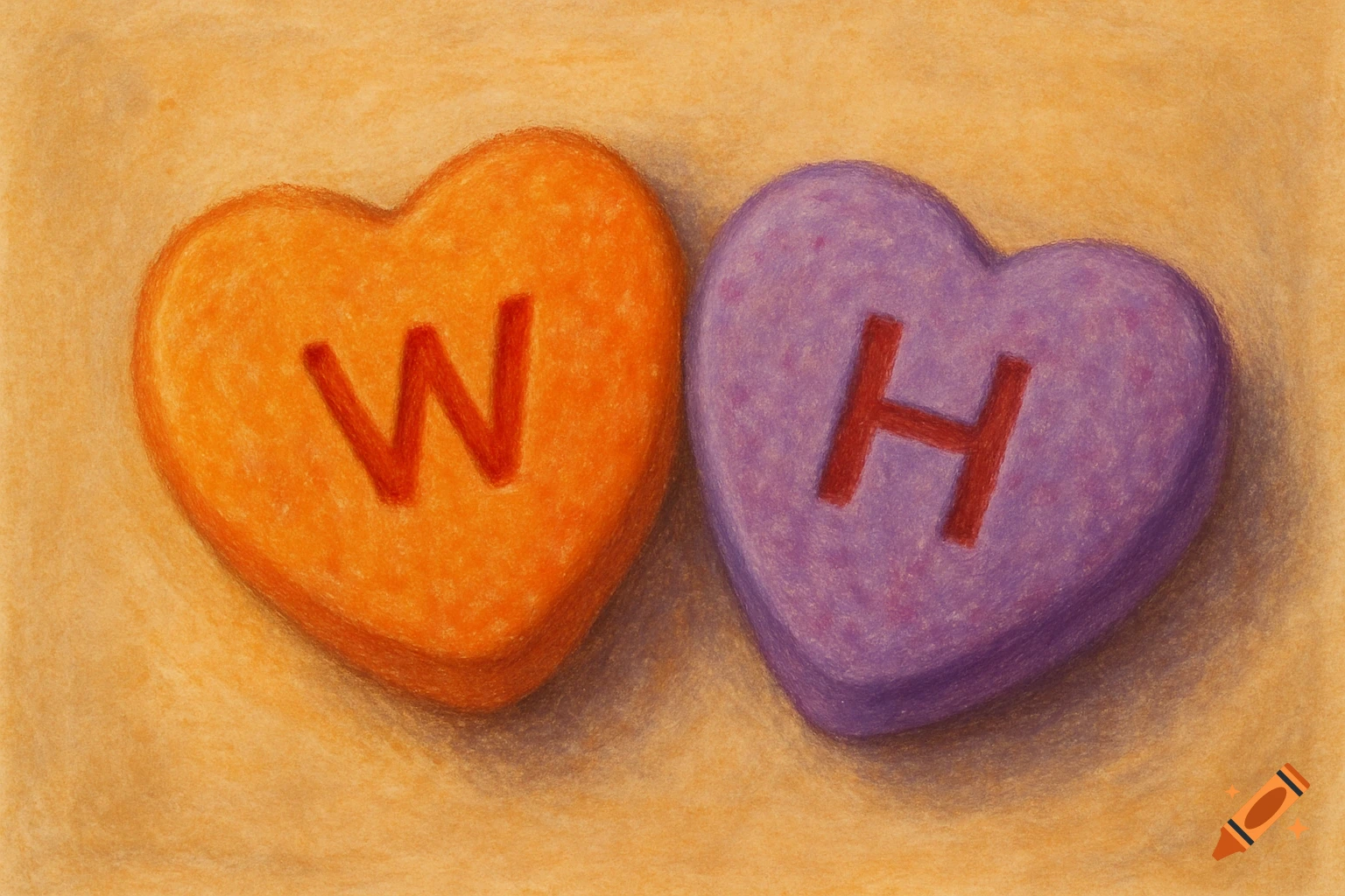 Two colored pencil candy hearts, one orange with a red 'W' and one purple with a red 'H', on a textured background.