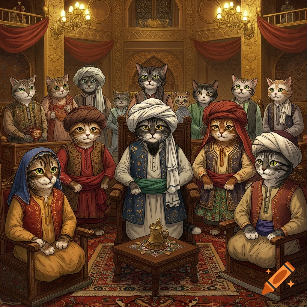 Anthropomorphic cats dressed in traditional Middle Eastern attire gather in a grand, ornate chamber, resembling a formal assembly.