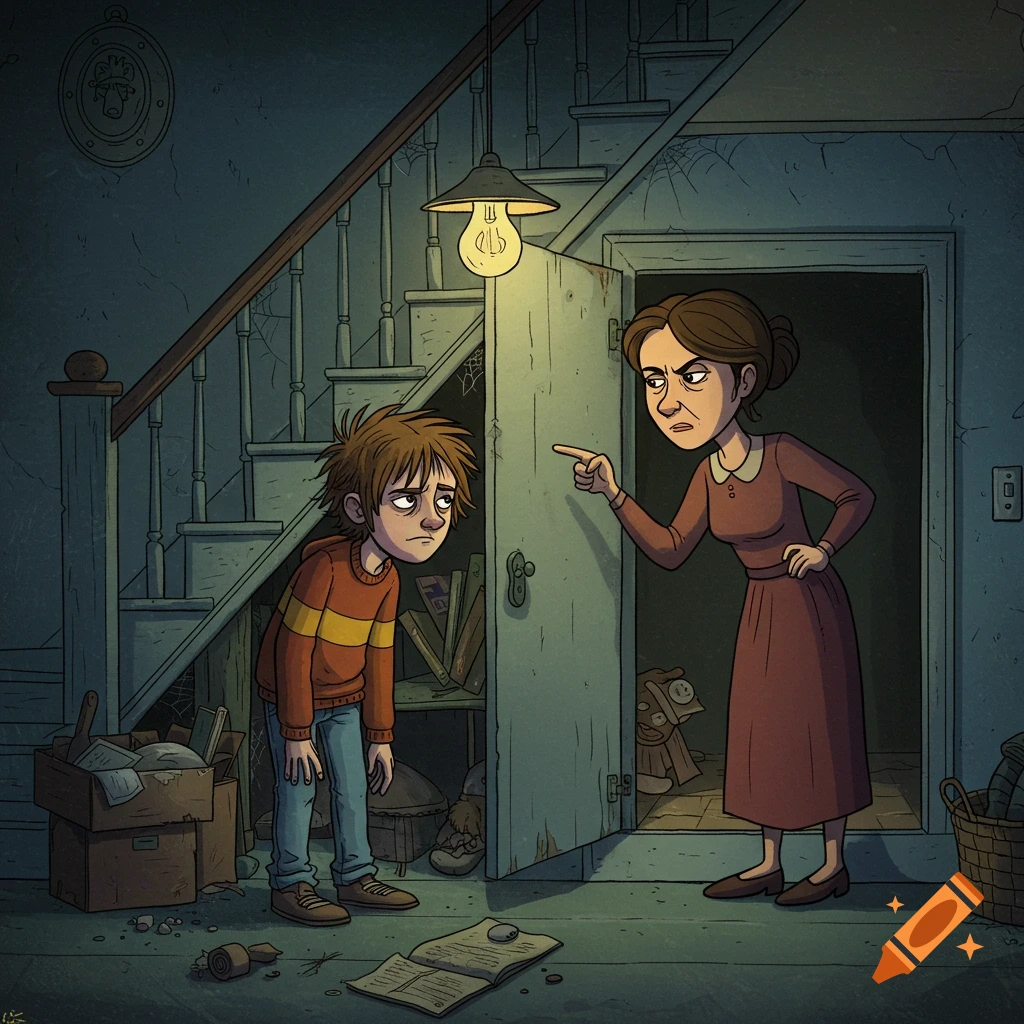 A dejected boy in a messy, dimly lit hallway is scolded by an angry woman pointing to a dark cupboard under the stairs.