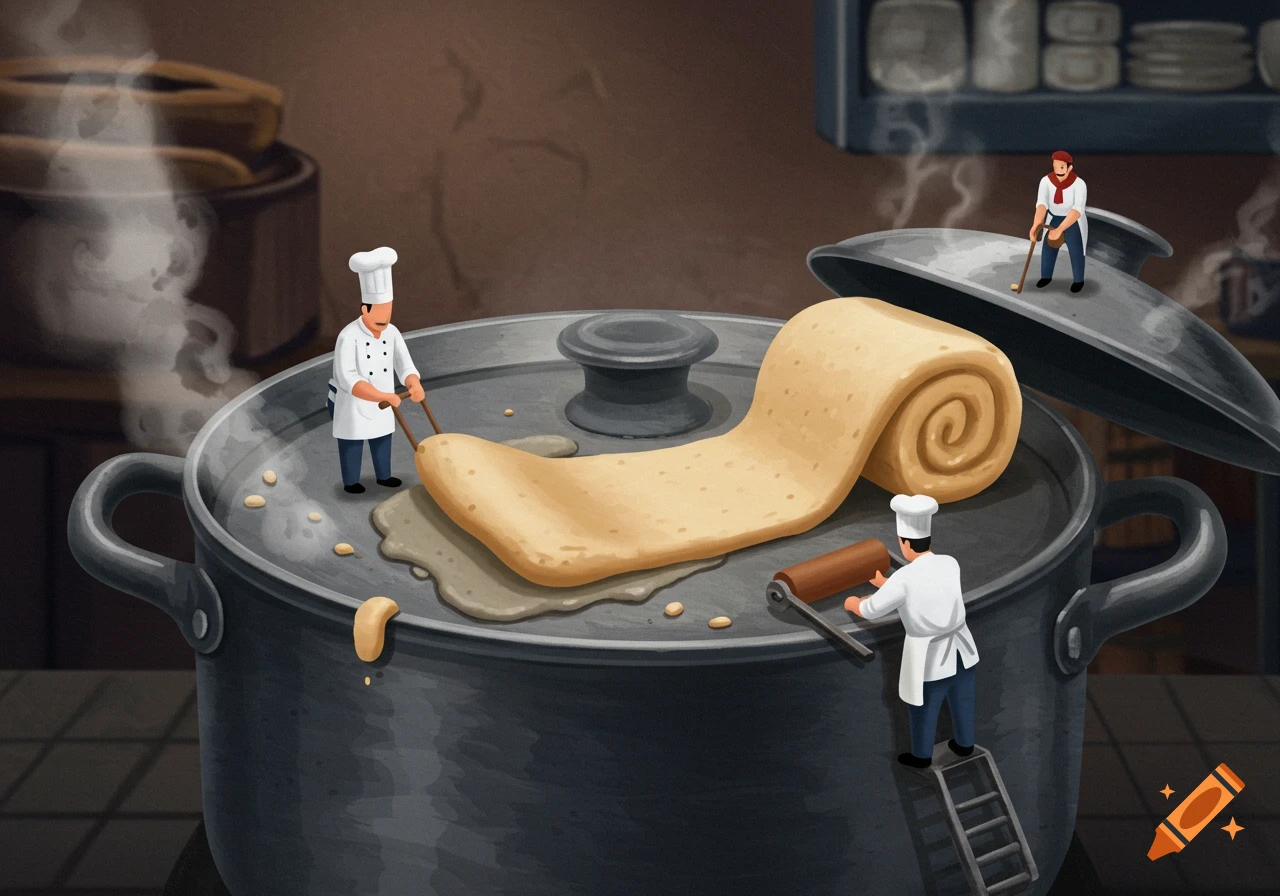 Cartoon illustration of tiny chefs sealing a giant cooking pot with a long roll of dough.