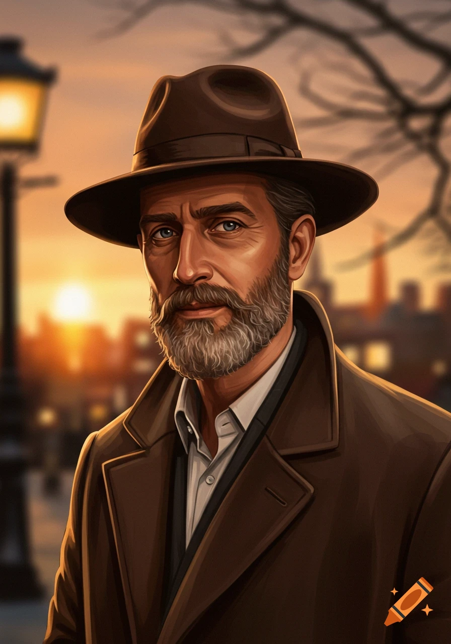 A stylized portrait of a middle-aged man with a brown hat, brown coat, and gray beard, against an urban sunset background.