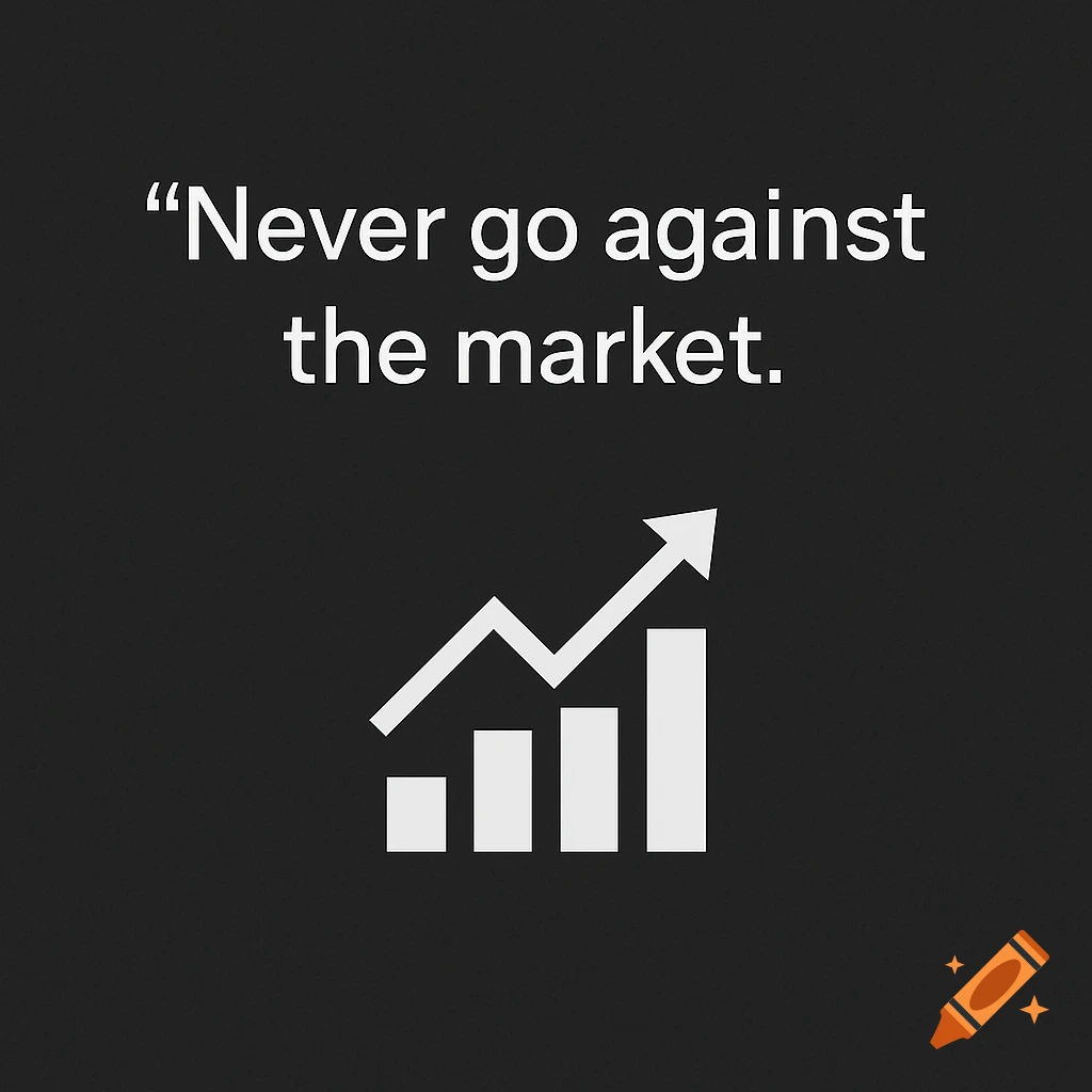 A minimalist dark image with the quote 'Never go against the market.' and a white financial bar chart with an upward trend line.