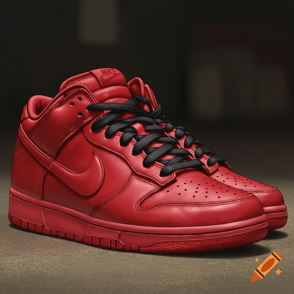 Red Nike Dunk sneakers with black laces, illustrated.