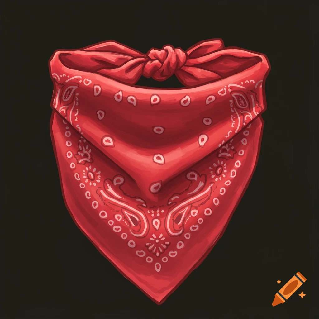A red bandana with a white paisley pattern tied at the top, on a dark background.