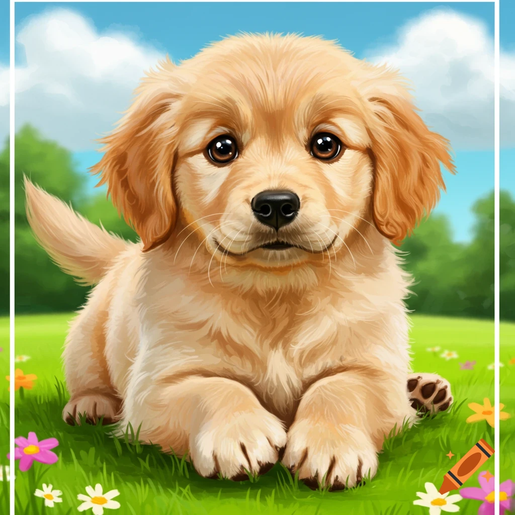 A cute, fluffy golden retriever puppy with big brown eyes sits in a sunny green field with colorful flowers.