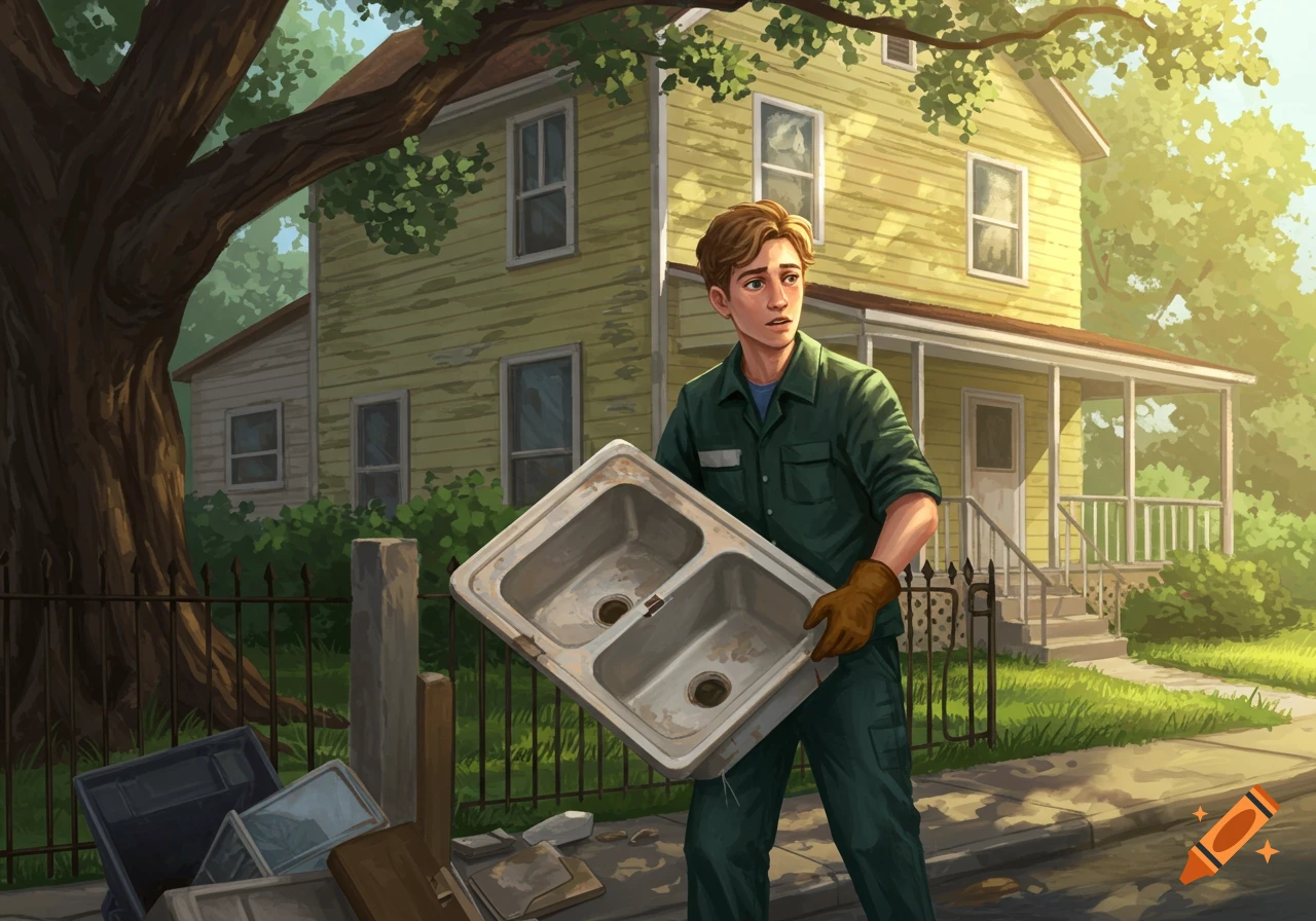 A man wearing green work clothes and gloves carries an old kitchen sink on a suburban street in front of a yellow house. Digital painting style.