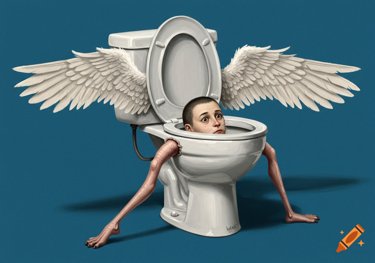 A surreal illustration of a toilet with a human head, slender human legs, and white wings emerging from it, set against a blue background.