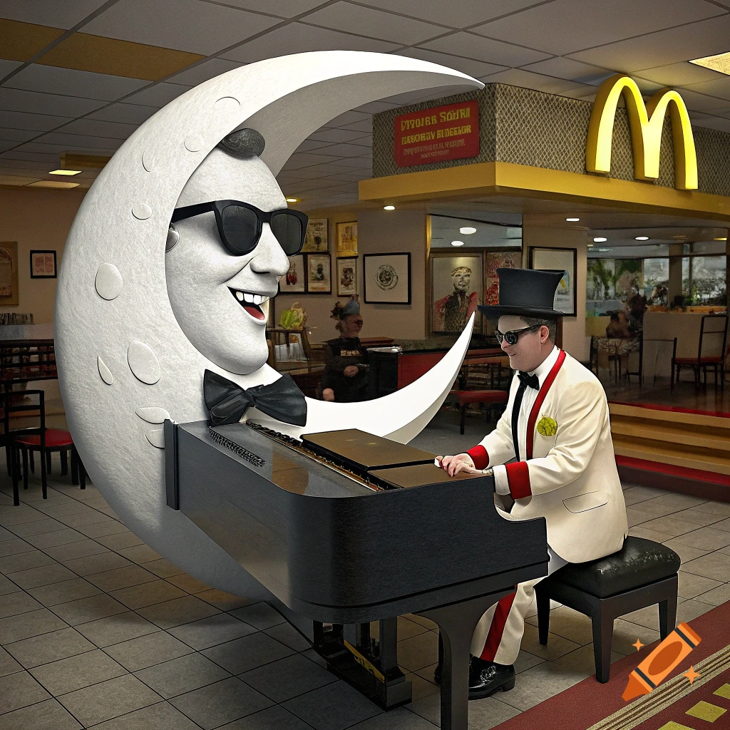 A smiling crescent moon character with sunglasses and a bow tie plays a grand piano alongside a man in a white tuxedo and top hat, inside a McDonald's restaurant.