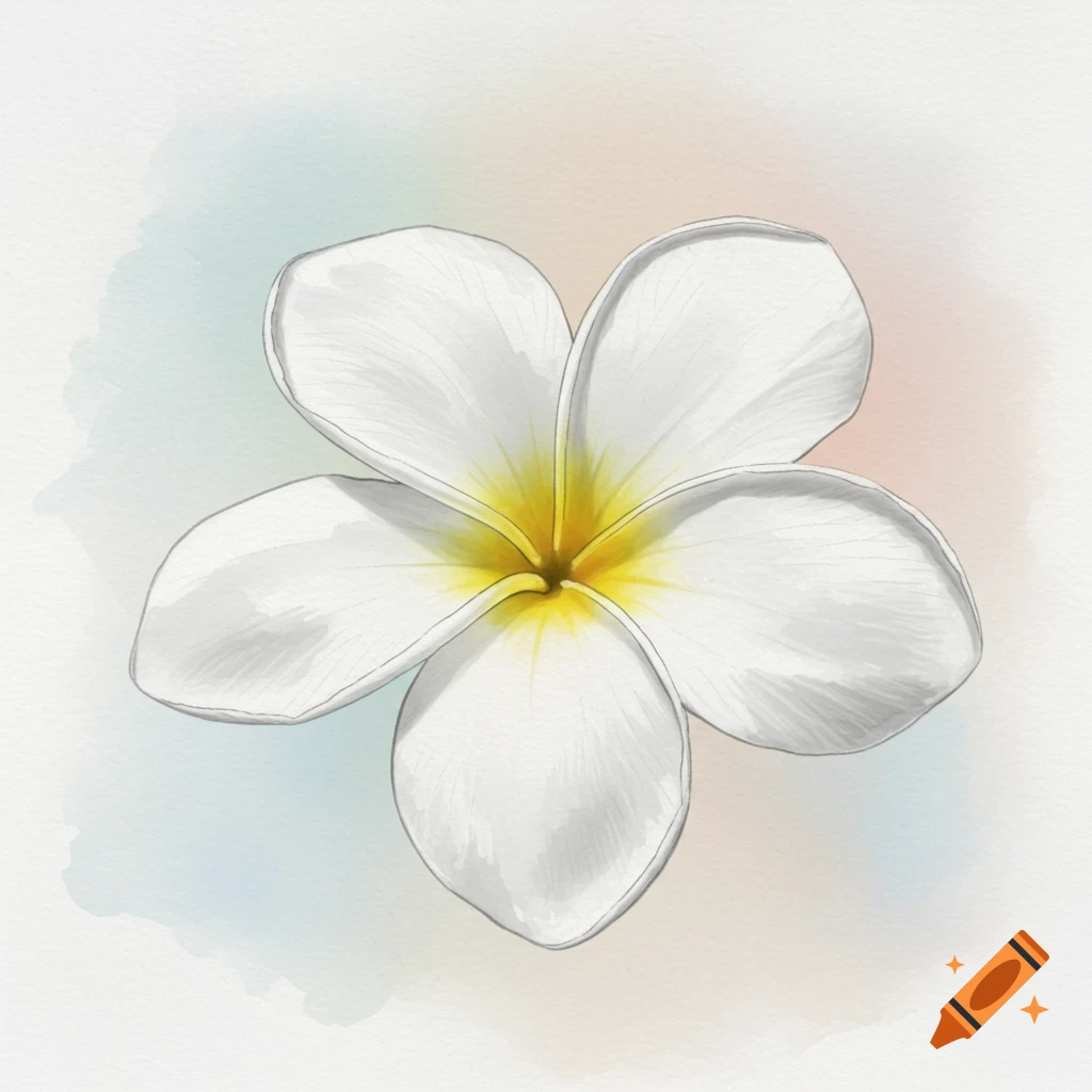 A single white frangipani flower with a yellow center in a watercolor style.