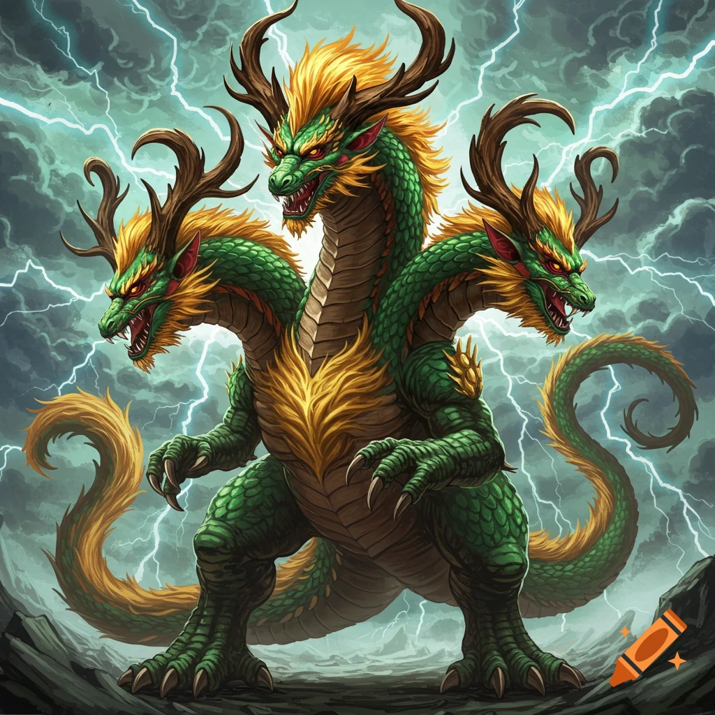 A three-headed green and gold dragon with horns stands powerfully amidst a lightning storm.
