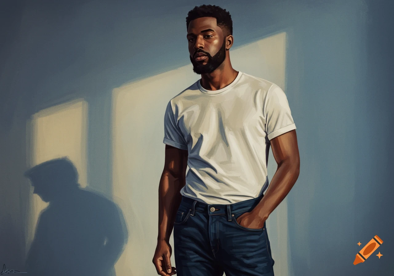 Realistic painting of a Black man in a white t-shirt and jeans, standing against a light blue wall with shadows.