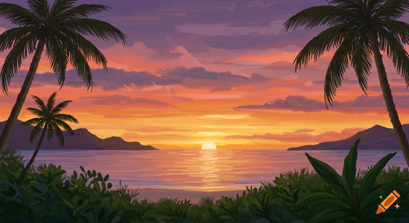 A vibrant tropical sunset painting with palm trees silhouetted against an orange and purple sky over the ocean.