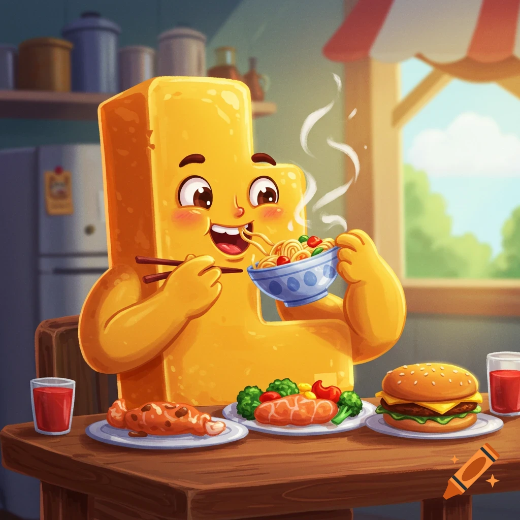 A cheerful cartoon anthropomorphic letter L sits at a kitchen table, eating noodles with chopsticks, with other food on plates.