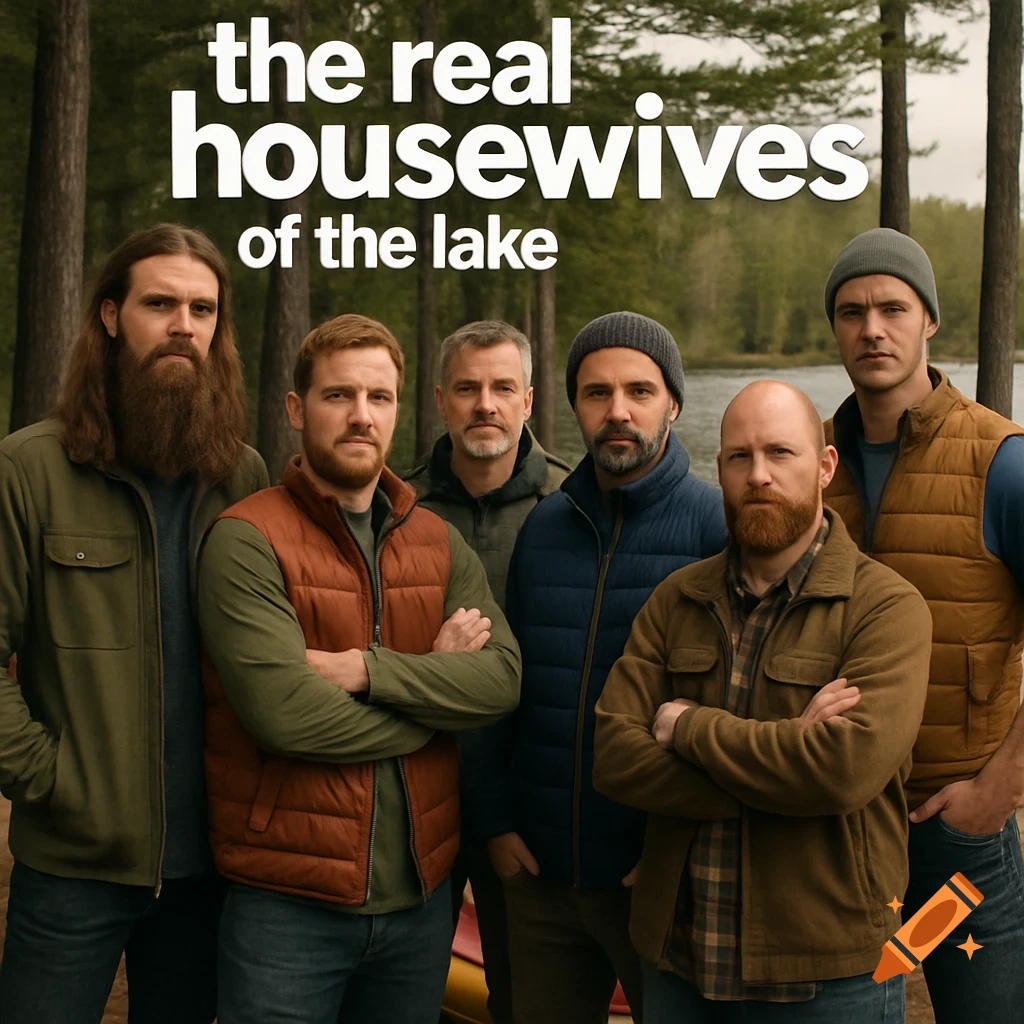 Six men in outdoor gear stand by a lake and forest under the title "the real housewives of the lake".