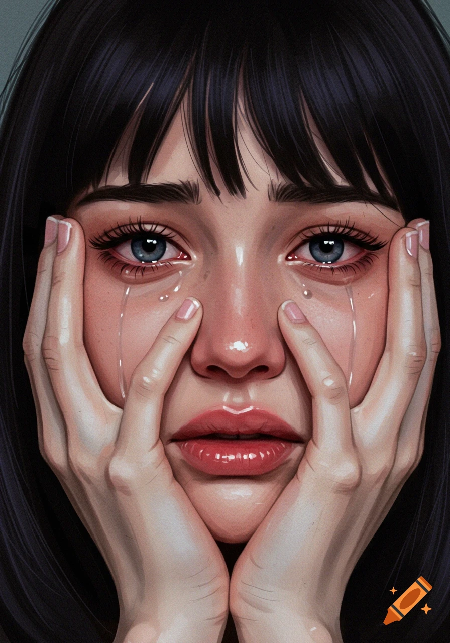 Close-up digital painting of a crying woman with dark hair, hands covering her face.