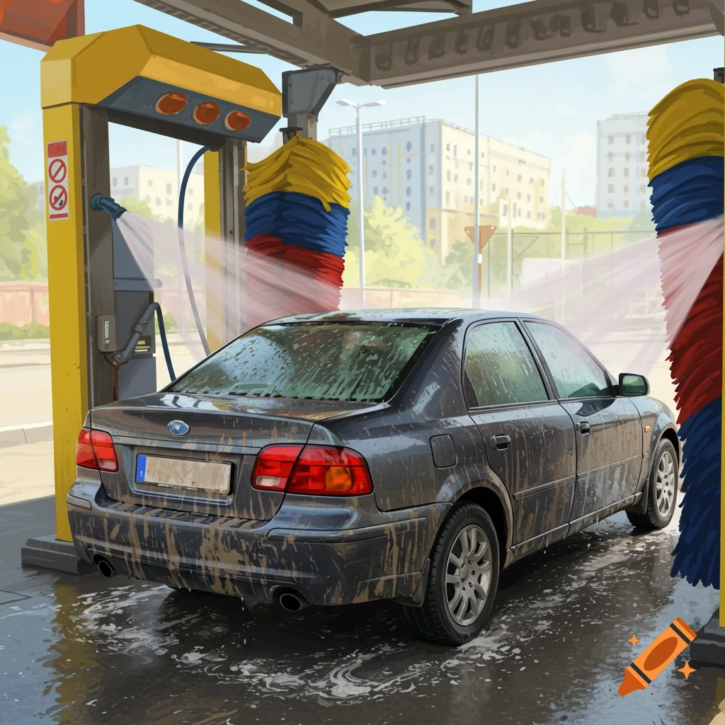 An illustrative image of a dirty dark gray sedan being washed by water and soap inside an automatic car wash.