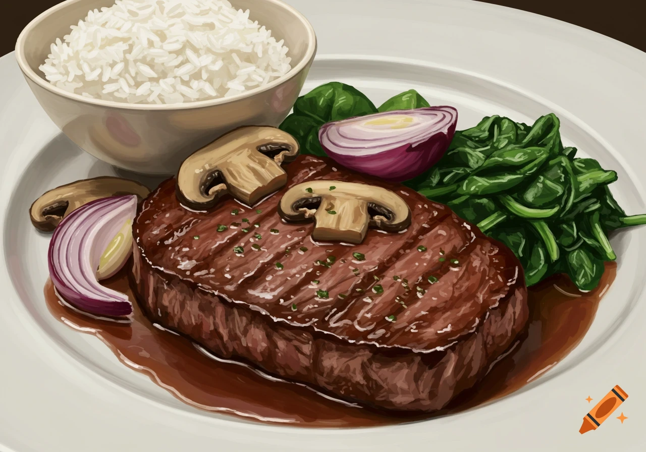 A plate of grilled beef steak topped with mushrooms and herbs, served with a side of white rice, sauteed spinach, and sliced red onion.