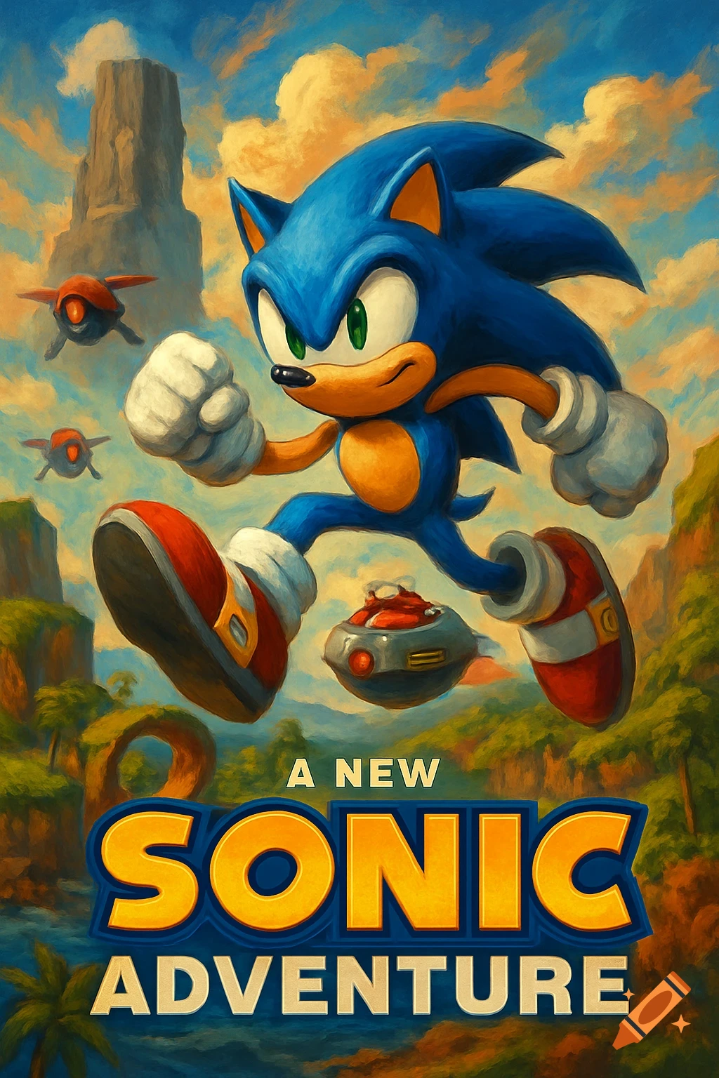 Sonic the Hedgehog runs forward in a dynamic, painterly style scene with robots, mountains, and the text "A NEW SONIC ADVENTURE".