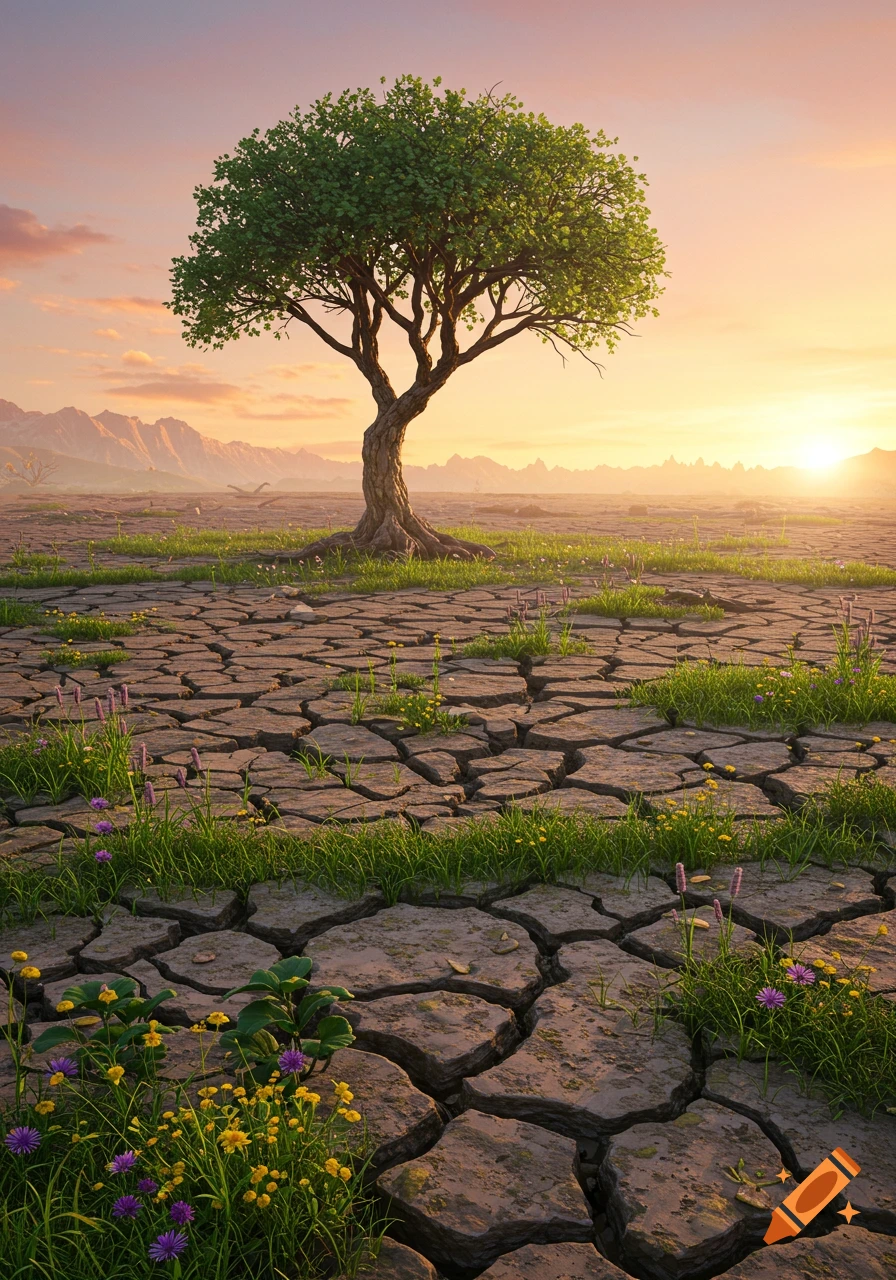 Photorealistic image of a lone vibrant green tree in a cracked, parched landscape with wildflowers under a colorful sunset sky.
