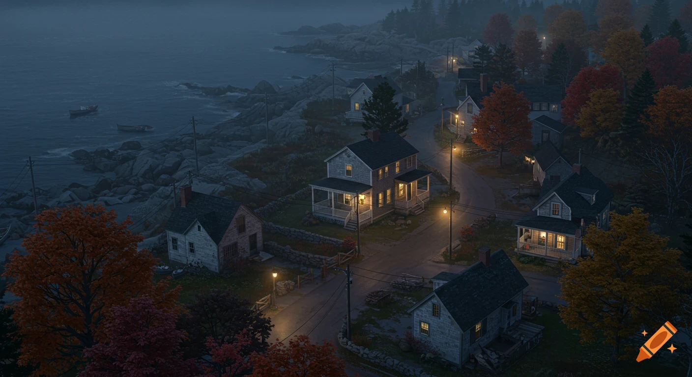 Top-down view of a cozy coastal town at night with glowing cottage windows, streetlamps, and autumn trees.