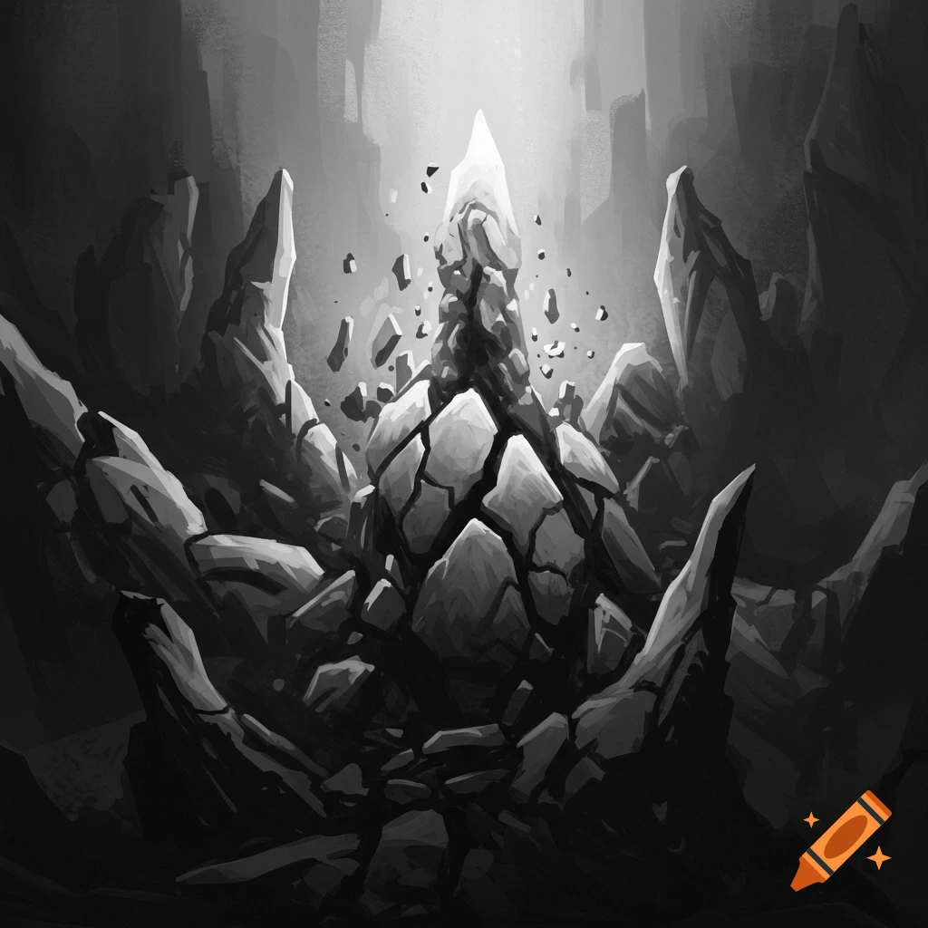 A grayscale abstract illustration of jagged rock formations, with a central peak shattering and fragments rising towards a bright light.