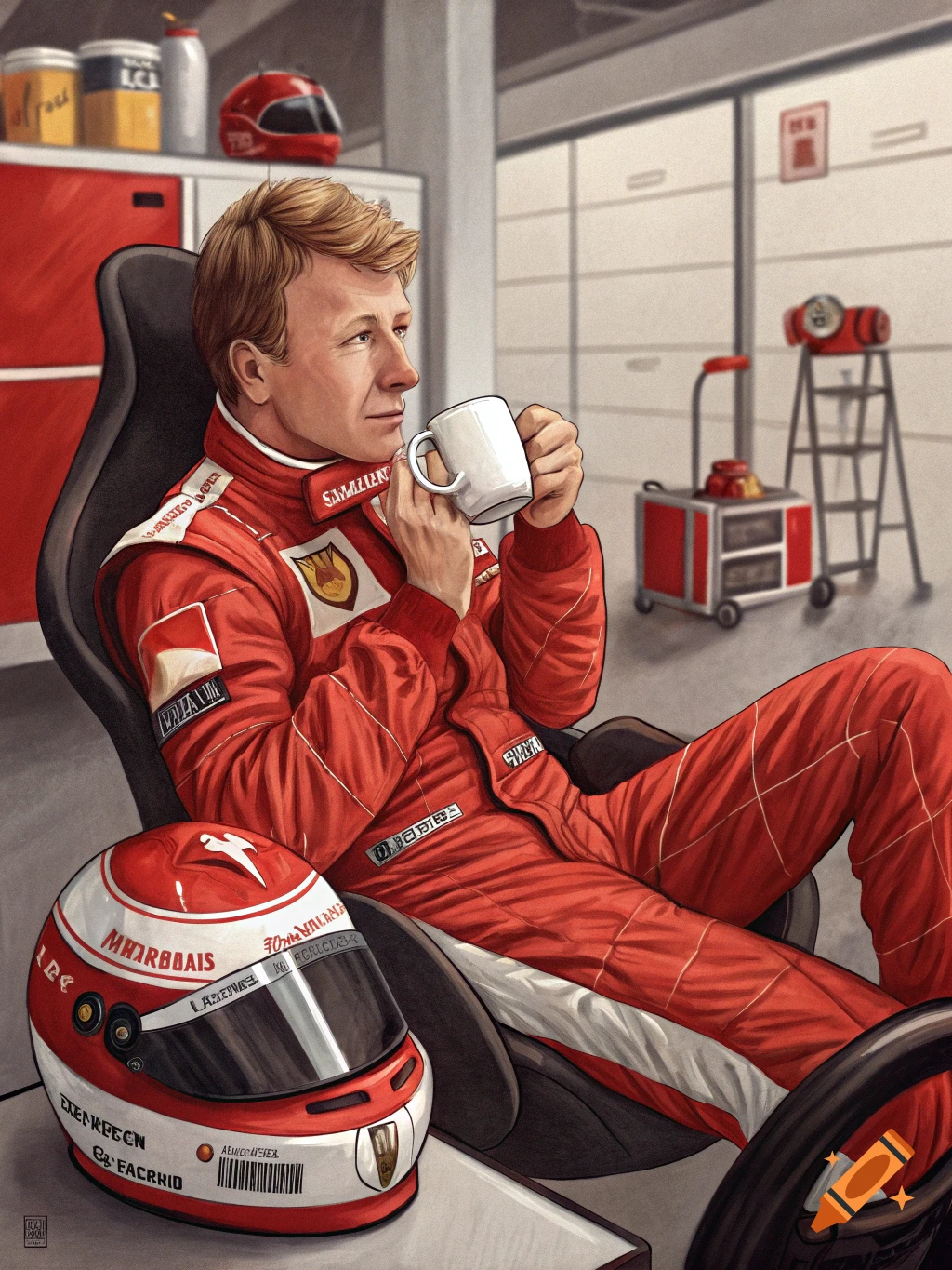 Illustration of Kimi Raikkonen in a red race suit, drinking coffee in a garage.