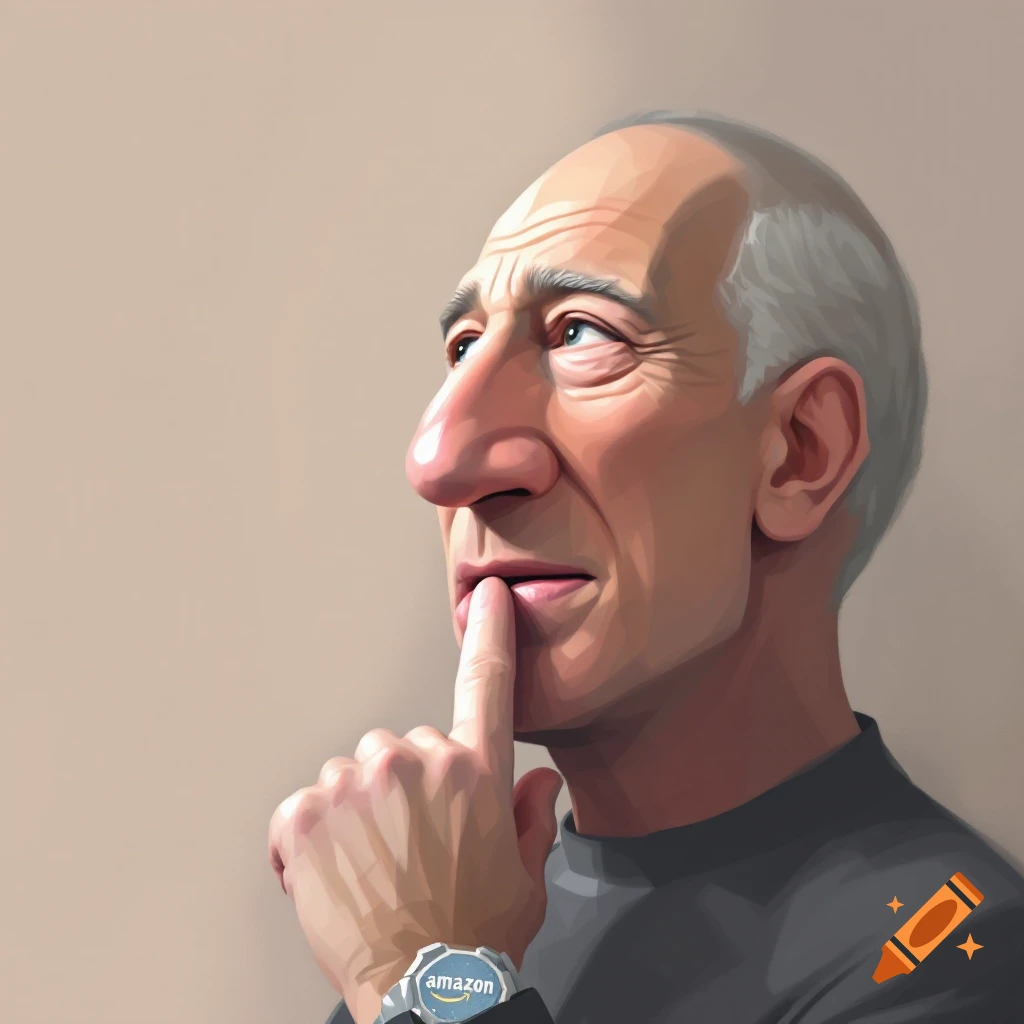 Stylized portrait of a man resembling Jeff Bezos with his finger to his lips, wearing an Amazon-branded watch.