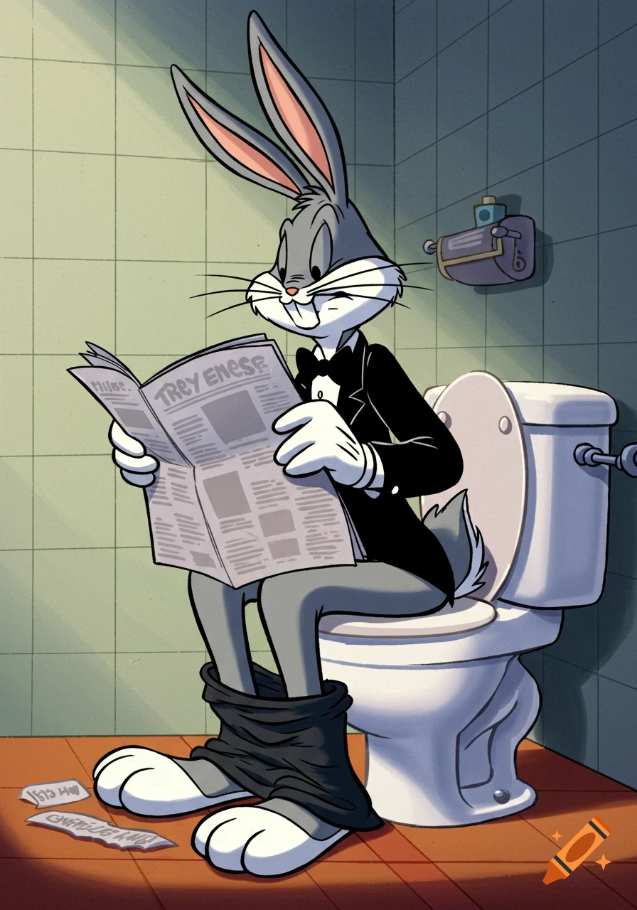 Bugs Bunny in a tuxedo sits on a toilet with pants down, reading a newspaper in a cartoon style.